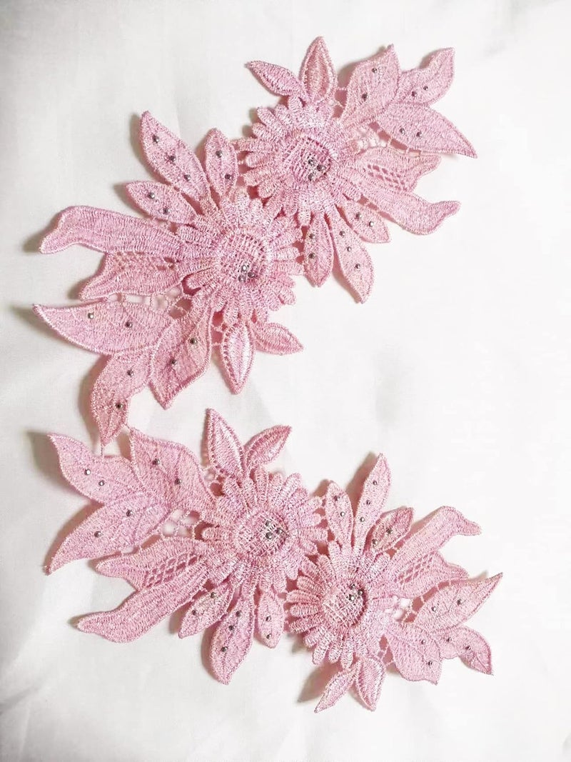 Ruinuo 3D Lace Beads Flower Applique Patches Sew on Patches Embroidery Appliques Rhinestone Sewing Wedding Dress Collar Decor Pink - Image 4